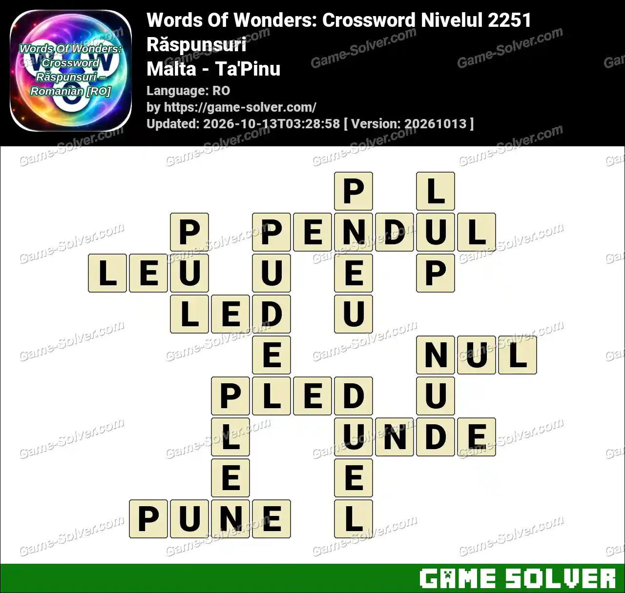 Words Of Wonders: Crossword Nivelul 2251 Răspunsuri – Malta – Ta’Pinu